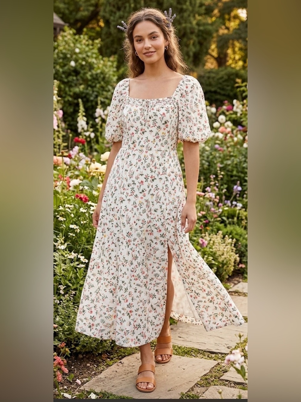 Old Navy Floral Puff Sleeve Midi Dress Size Large Square Neck Cottagecore Boho